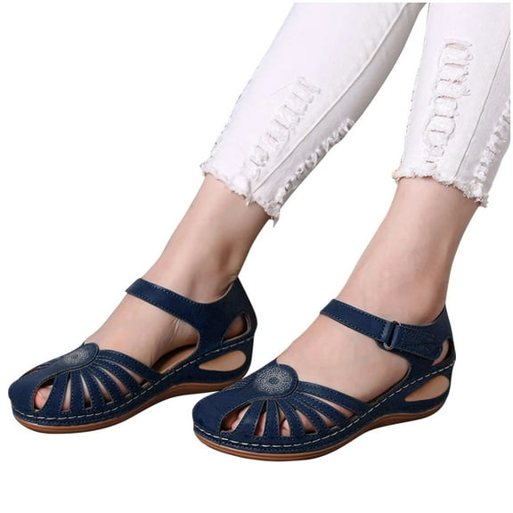Closed Toe Sandals for Women Casual Summer 2023 Hollow Out Vintage Beach Wedge Leather Sandal Gladiator Outdoor Orthopedic Shoe