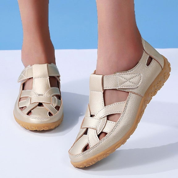 Closed Toe Summer Shoes for Women Dressy Comfy Beach Casual Peep Toe Sandals with Arch Support Vacation Non Slip Closed Toe Women's Retro Flat Sandals, Solid Color Hook & Loop Casual Outdoor Shoes