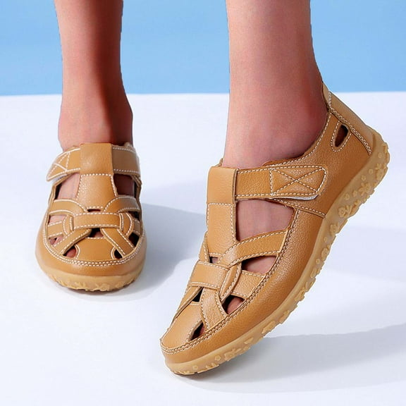 Closed Toe Summer Shoes for Women Dressy Comfy Beach Casual Peep Toe Sandals with Arch Support Vacation Non Slip Closed Toe Women's Retro Flat Sandals, Solid Color Hook & Loop Casual Outdoor Shoes