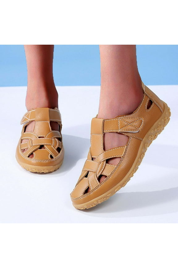 Closed Toe Summer Shoes for Women Dressy Comfy Beach Casual Peep Toe Sandals with Arch Support Vacation Non Slip Closed Toe Women's Retro Flat Sandals, Solid Color Hook & Loop Casual Outdoor Shoes