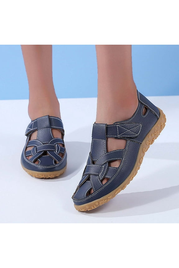 Closed Toe Summer Shoes for Women Dressy Comfy Beach Casual Peep Toe Sandals with Arch Support Vacation Non Slip Closed Toe Women's Retro Flat Sandals, Solid Color Hook & Loop Casual Outdoor Shoes