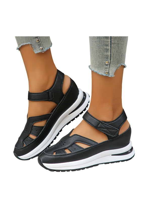 Closed Toe Walking Sandals for Women 2025 Trendy Leather Cut out Platform Hidden Wedge Heel Fashion Sneakers