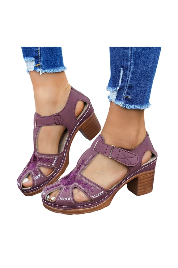 Closed Toe Wedges Sandals for Women Chunky Low Heel Ankle Strap Embroidered Gladiator Flat Sandals Causal Beach Shoes Red Size 8.5