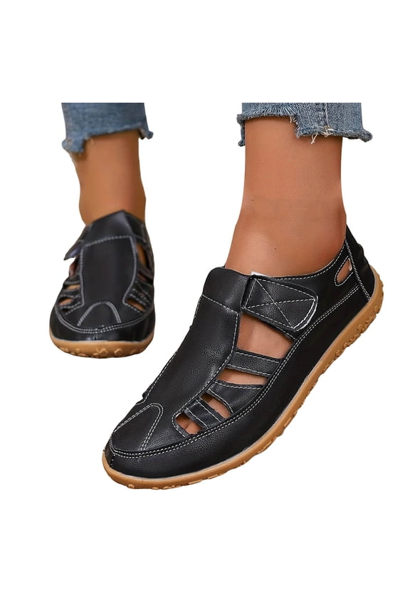 Closed Toe Work Sandals for Women 2025 Spring Summer Leather Non Slip Gladiator Flats Walking Shoes