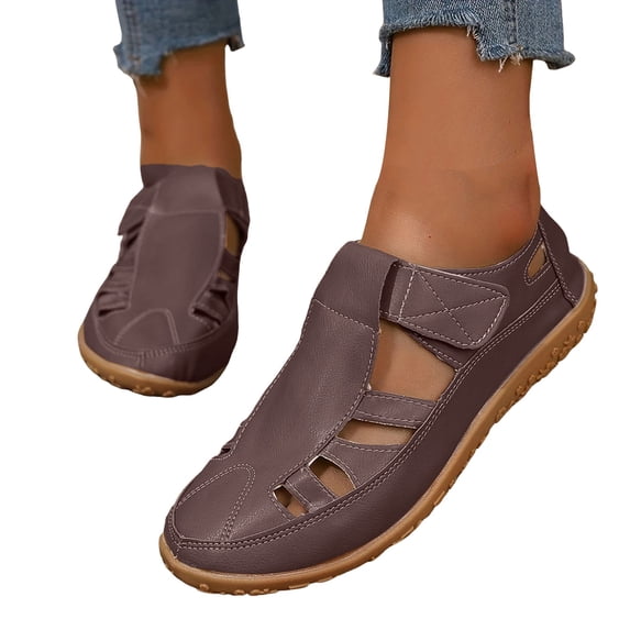 Closed Toe Work Sandals for Women 2025 Spring Summer Leather Non Slip Gladiator Flats Walking Shoes