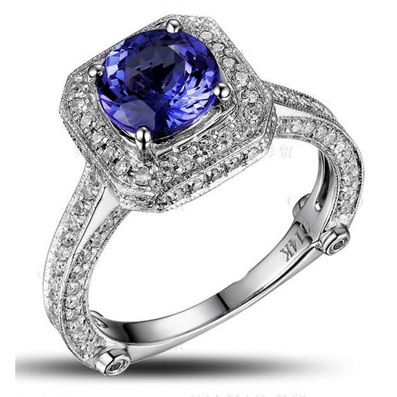 Closeout Sale: Bestselling 2 Carat Antique Halo Split Shank 6mm Round Cut Engagement Ring with Blue Sapphires and Moissanite Diamond in 10k White Gold