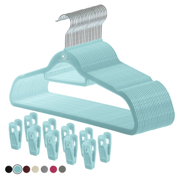 Closet Accessories Non Slip Velvet Clothing Hangers with 20 Velvet Clips, 10 Pack, Blue