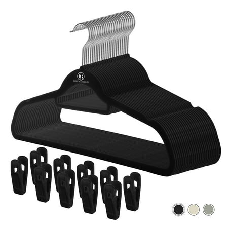 Closet Accessories Non Slip Velvet Clothing Hangers with 20 Velvet Clips, 30 Pack, Black