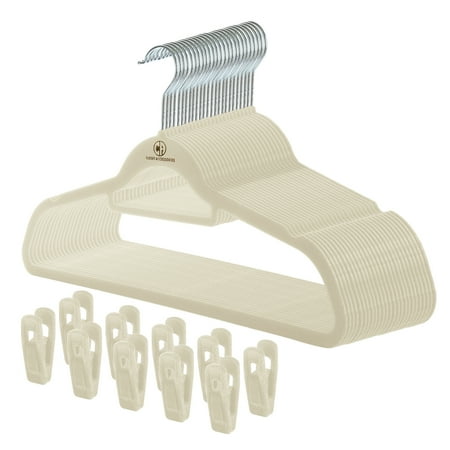 Closet Accessories Non Slip Velvet Clothing Hangers with 20 Velvet Clips, 30 Pack, Ivory