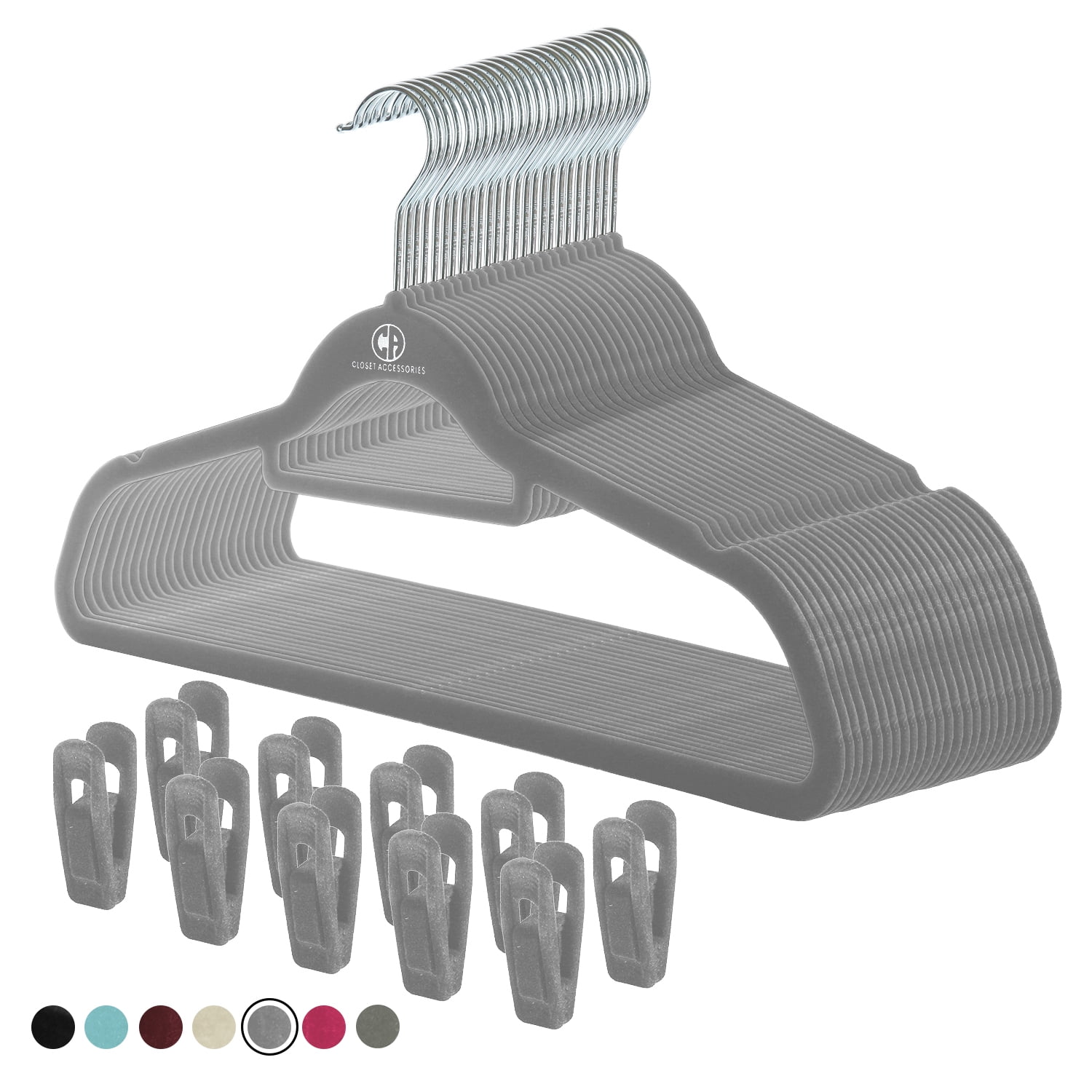 Closet Accessories Velvet Hangers, Ultra Slim Space Saving, notches, tie bar, Swivel Hook, with Matching Velvet Finger Clips. 10 Pack with 20 Clips. Grey (Charcoal)