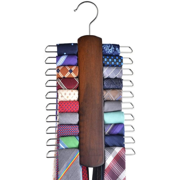 Closet Belt Organizer, Premium Wooden Necktie and Belt Hanger, Walnut Wood Center Organizer and Storage Rack with a Non-Slip Finish, 20 Hooks, Brown