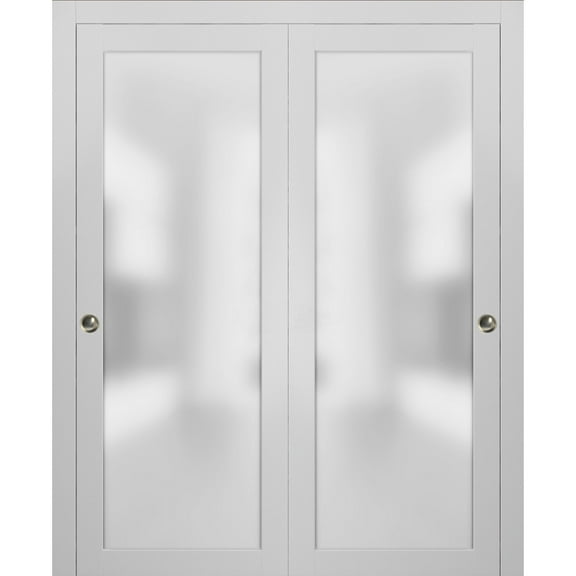 Closet Bypass Sliding Glass Doors 64 x 80 | Planum 2102 White Silk | Rails Trims Pulls Hardware Set | Modern Solid Core Wood Interior Doors Frosted Glass
