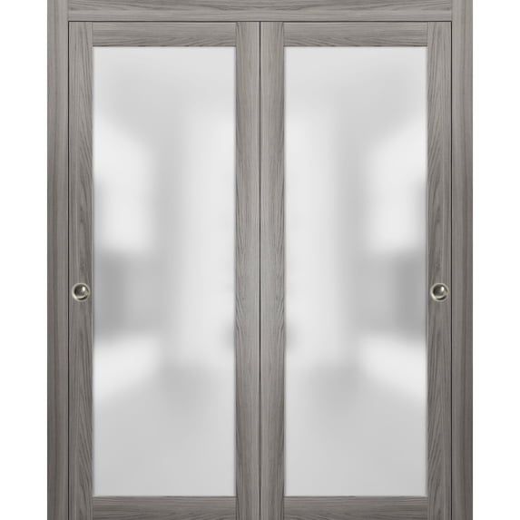 Closet Bypass Sliding Glass Doors 64 x 84 | Planum 2102 Ginger Ash | Rails Trims Pulls Hardware Set | Modern Solid Core Wood Interior Doors Frosted Glass