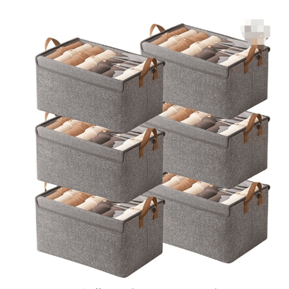 Closet Clothes Organizer Bins 6 Pc, Fabric Box Storage Shelf Bins Stackable, Foldable Closet Shelf Storage Container with Lid, Fabric Storage Bin with Steel Frame, 23L (6 Gray with Lid)