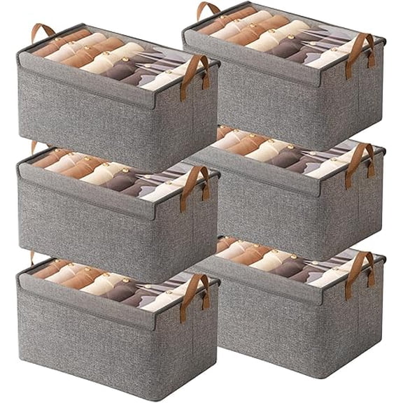 Closet Clothes Organizer Bins 6 Pc, Fabric Box Storage Shelf Bins Stackable, Foldable Closet Shelf Storage Container with Lid, Fabric Storage Bin with Steel Frame, 23L (6 Gray with Lid)