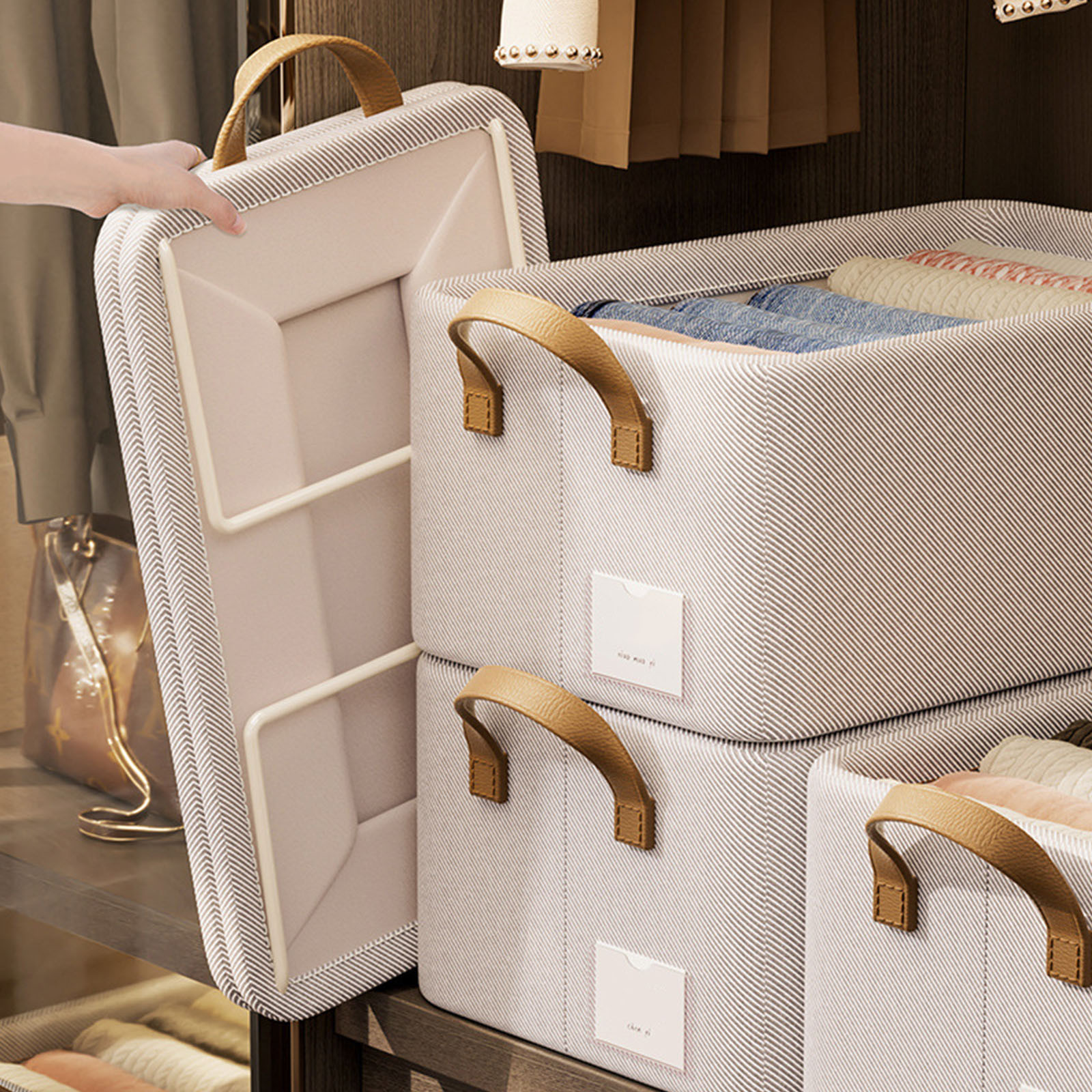 Closet Clothes Organizer with Handle,Fabric Storage Box with Steel Frame Stackable Shelf Storage Bins for Closet Organizing,Decorative Large Linen Closet Organizers and Storage