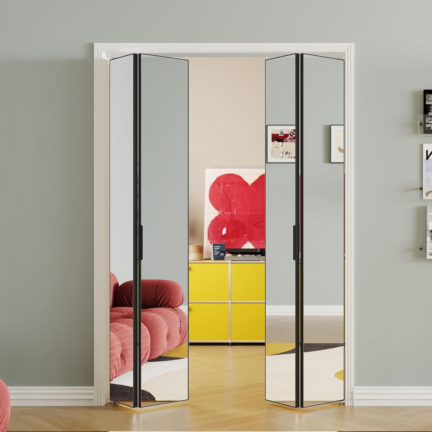 Closet Doors, Perfect for 48''（24''x2） x 80'' Openings, 1-Lite Mirror Aluminum Alloy Interior Bifold Door Panel with Hardware Kit, Folding Doors for Bedroom, Black