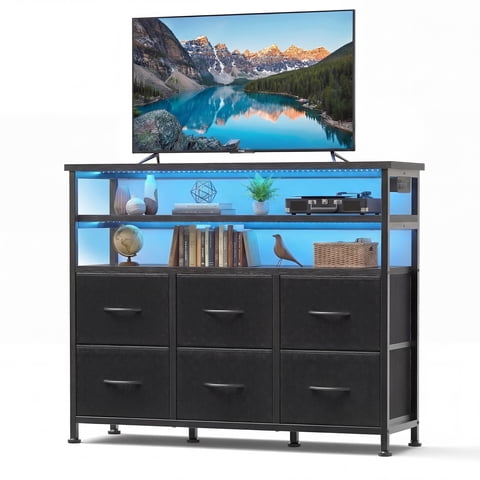 EDX 6-Drawer Fabric Dresser with Power Outlets and LED Light, TV stand for Bedroom, Living Room, Hallway, Black