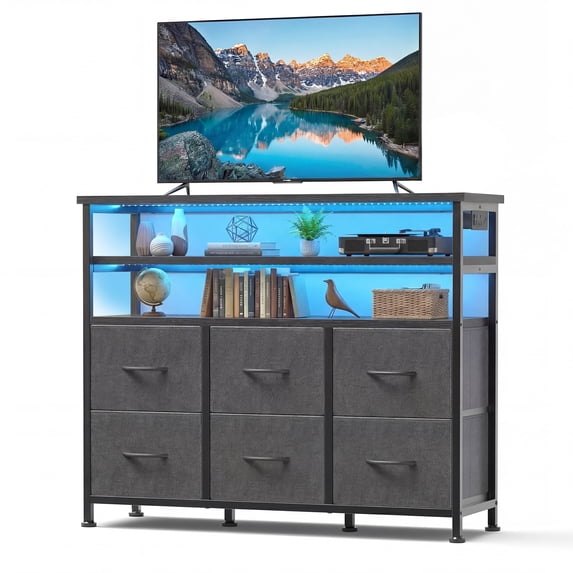 EDX 6-Drawer Fabric Dresser with Power Outlets and LED Light, TV stand for Bedroom, Living Room, Hallway, Gray