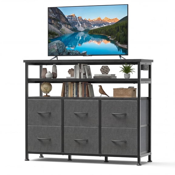EDX 6-Drawer Fabric Dresser with Power Outlets and LED Light, TV stand for Bedroom, Living Room, Hallway, Gray