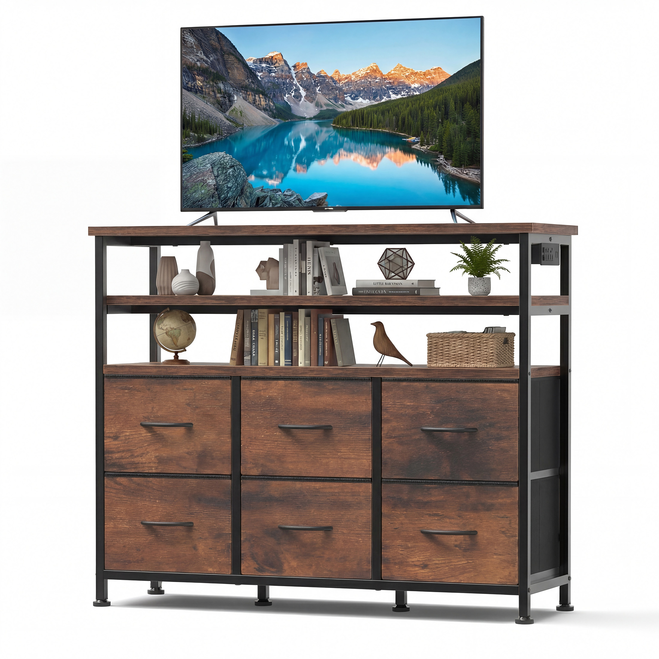 EDX 6-Drawer Fabric Dresser with Power Outlets and LED Light, TV stand for Bedroom, Living Room, Hallway, Rust