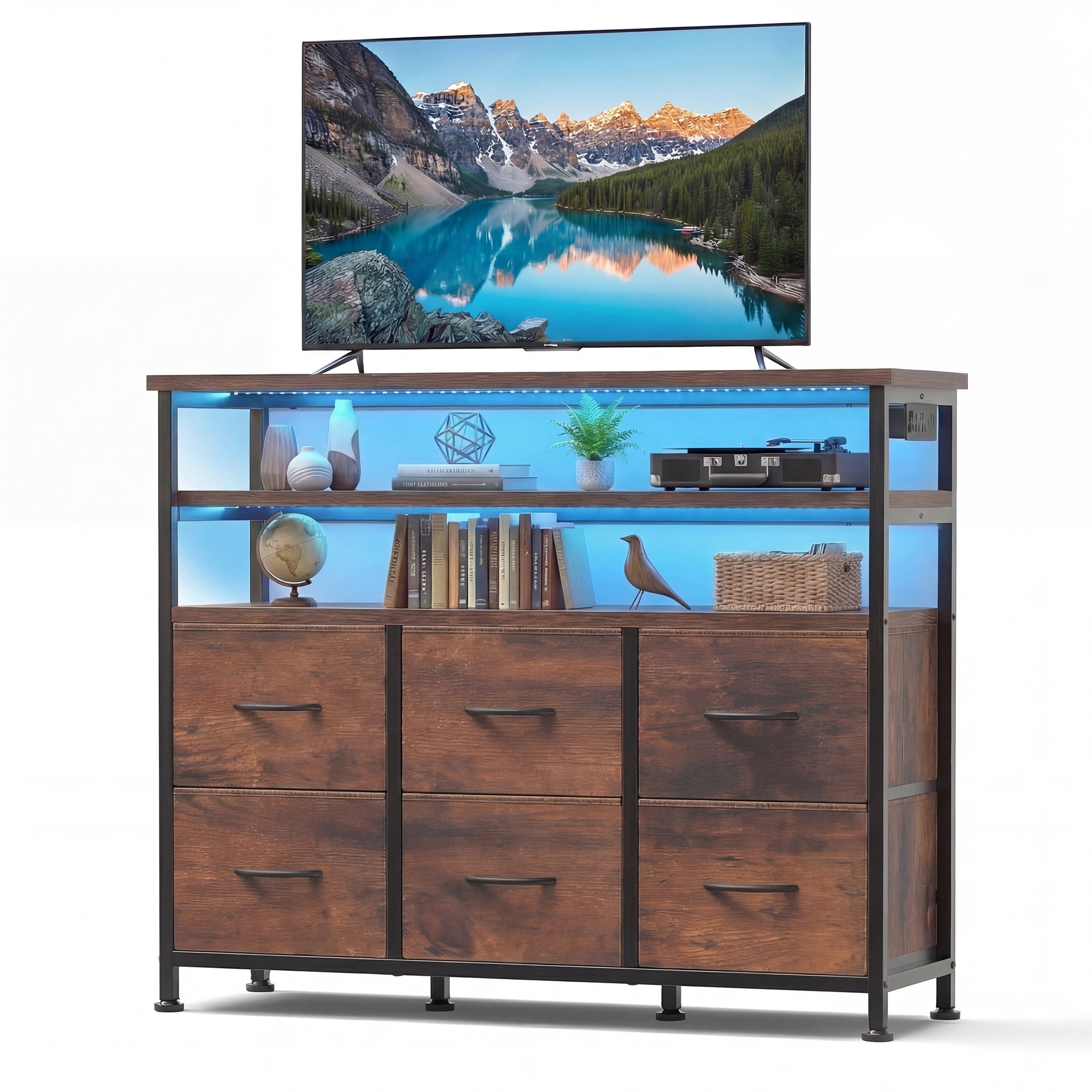 EDX 6-Drawer Fabric Dresser with Power Outlets and LED Light, TV stand for Bedroom, Living Room, Hallway, Rust
