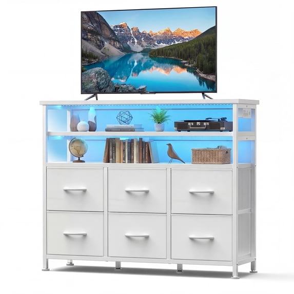 EDX 6-Drawer Fabric Dresser with Power Outlets and LED Light, Storage Organizer and TV Stand for Bedroom, Living Room, Hallway, White