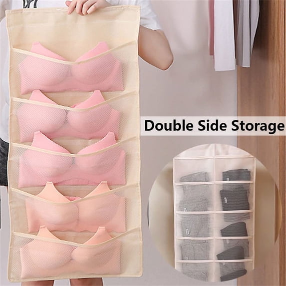 Home Textile Storage 1 Pack Closet Hanging Bra Organizer with Metal Hanger Wall Shelf Wardrobe Mesh Pockets Hanging Storage Bag for Socks Underwear Space Saving Solution