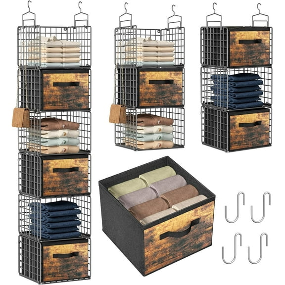 Closet Hanging Organizer with Drawers 6 Tier Metal Closet Organizers and Storage with 4 Hanging Hooks 4 S-Hooks for Wardrobe Laundry Room Wire Storage Shelf for Clothes Sweaters Pants Black