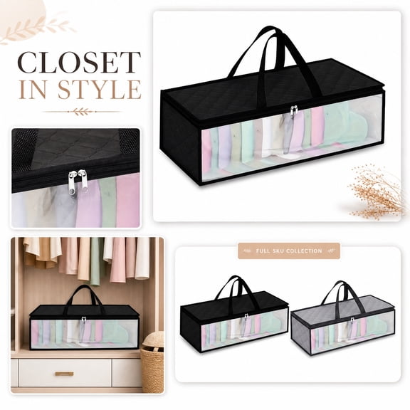 Closet Hanging Storage Organizer, Clothing Storage Organizer, Bag Organizer Closet, Foldable Gray Wardrobe Organizer, 20X8 Inch Zippered See-Through Clear Bag with Carry Handles