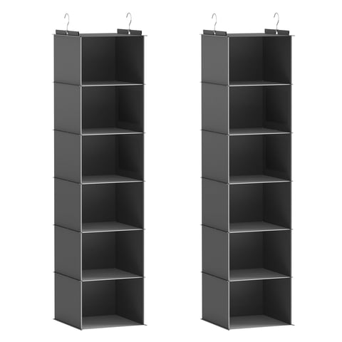 Closet Hanging Storage Shelves, 6-Shelf Hanging Closet Organizer with Bamboo Inserts, Foldable Closet Organizers and Storage for Bedroom,Sturdy Hook Closet Storage W/ 2 Side Pockets,Gray