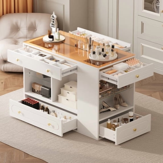 Closet Island with 6 Drawers and Glass Display Top, White Wardrobe Armoire Bedroom Island with Open Shelves, Jewelry Storage Vanity for Walk-in Closet, Living Room, Office, 47.3"L x 23.6"W x 33.4"H