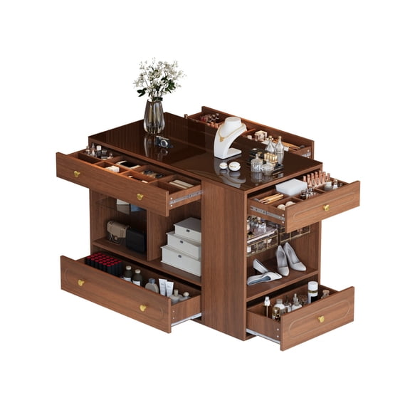 Closet Island with 6 Drawers, Wardrobe Armoire Bedroom Island with Glass Display Top and Open Shelves, Jewelry Storage Vanity Island with compartments, Walk-in Closet Island for Cloakroom, Walnut