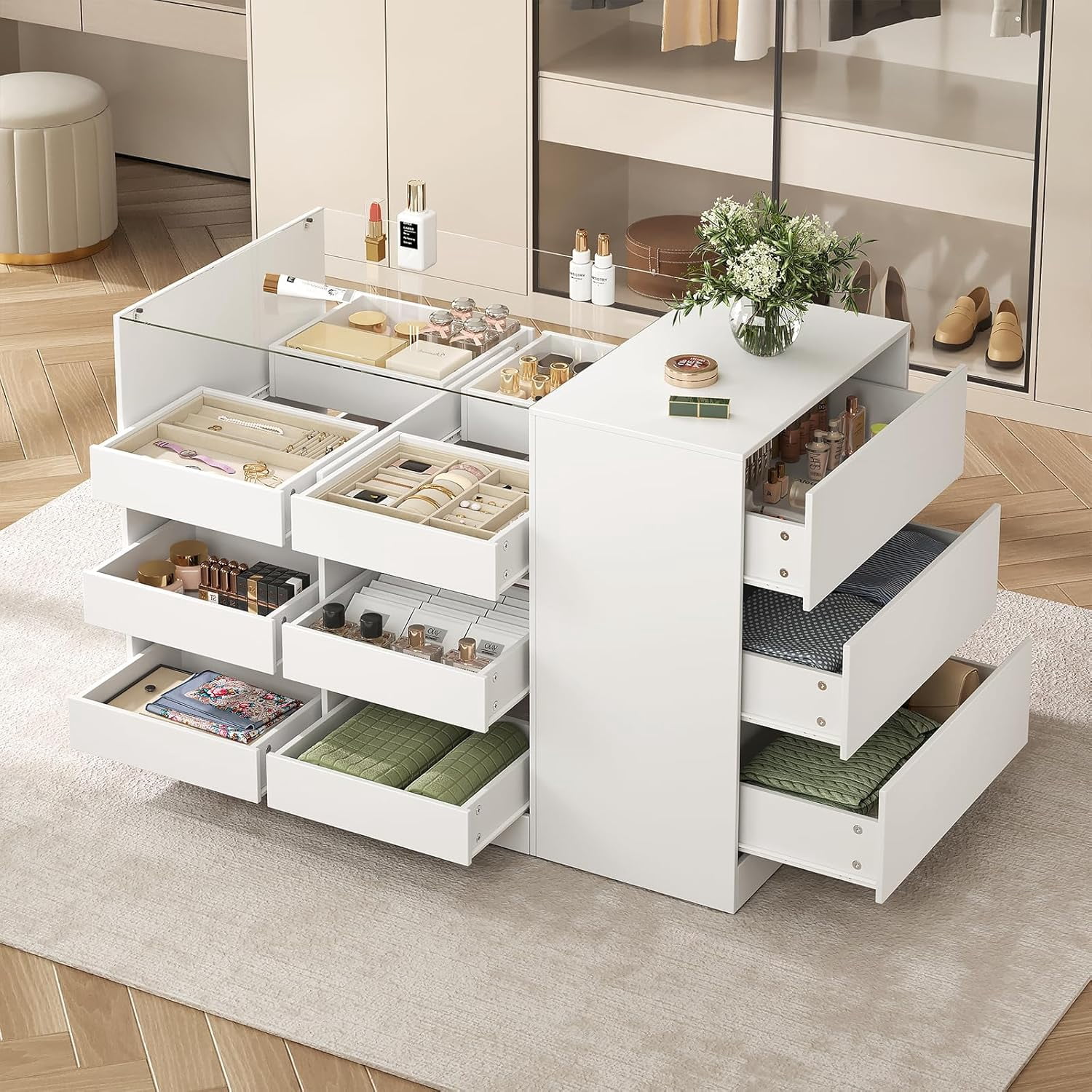 Closet Island with Drawers, Wardrobe Armoire Bedroom Island, Glass ...