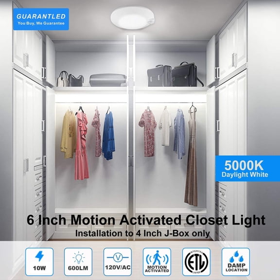 Closet Lights Motion Sensored Indoor Ceiling Mount LED-10W 5000K Stair Porch Pantry Hardwire Light 6-7/8 Inch 90CRI 600lm Damp Rated 4 Pack