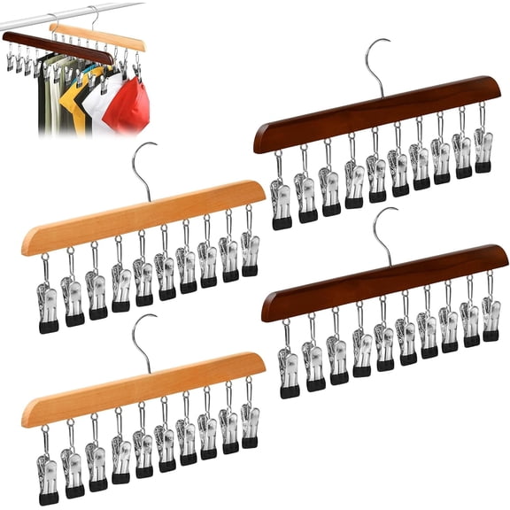 Closet Organizer with 10 Clips - Space Saving Hanging Closet Organizer, 360° Rotating Multiple Pants Hanger, for Leggings/Pants/Baseball Cap/Hat/Skirts/Socks/Jeans/Shorts (4, Wood+Vintage)