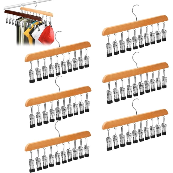 Closet Organizer with 10 Clips - Space Saving Hanging Closet Organizer, 360° Rotating Multiple Pants Hanger, for Leggings/Pants/Baseball Cap/Hat/Skirts/Socks/Jeans/Shorts (6, Wood)