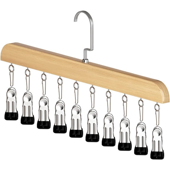 Closet Organizer with 10 Clips – Space Saving Hanging Closet Organizer, Solid Wood Clothes Hanger with 10 Heavy-Duty Clips for Socks, Underwear, Scarves, Hats & Towels