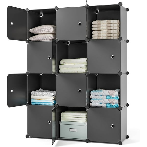 Closet Organizer, 12-Cube Storage with Doors, Closet Organizers and Storage, Cabinet Storage for Bedroom, Wardrobe, White