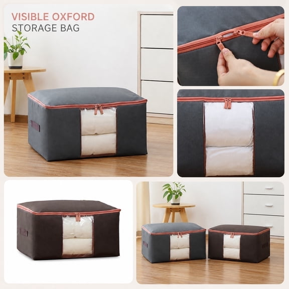 Closet Organizer Bags with Clear Window and Reinforced Handles Zippered Storage Containers for Clothes Blankets Comforters Bedding Home Organization and Seasonal Wardrobe Storage, Coffee Size:L