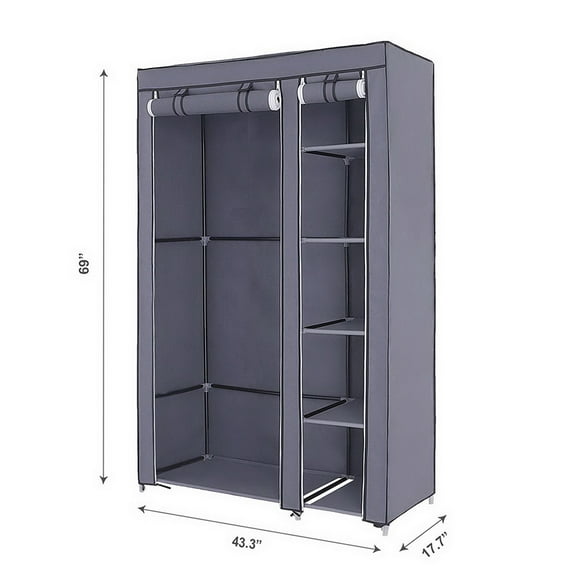 Closet Organizer for Bedroom, Wardrobe Rack for Home PKWQ504GY-1, Gray 67" Portable Clothes Closet Wardrobe with Non-woven Fabric and Hanging Rod Quick and Easy to Assemble