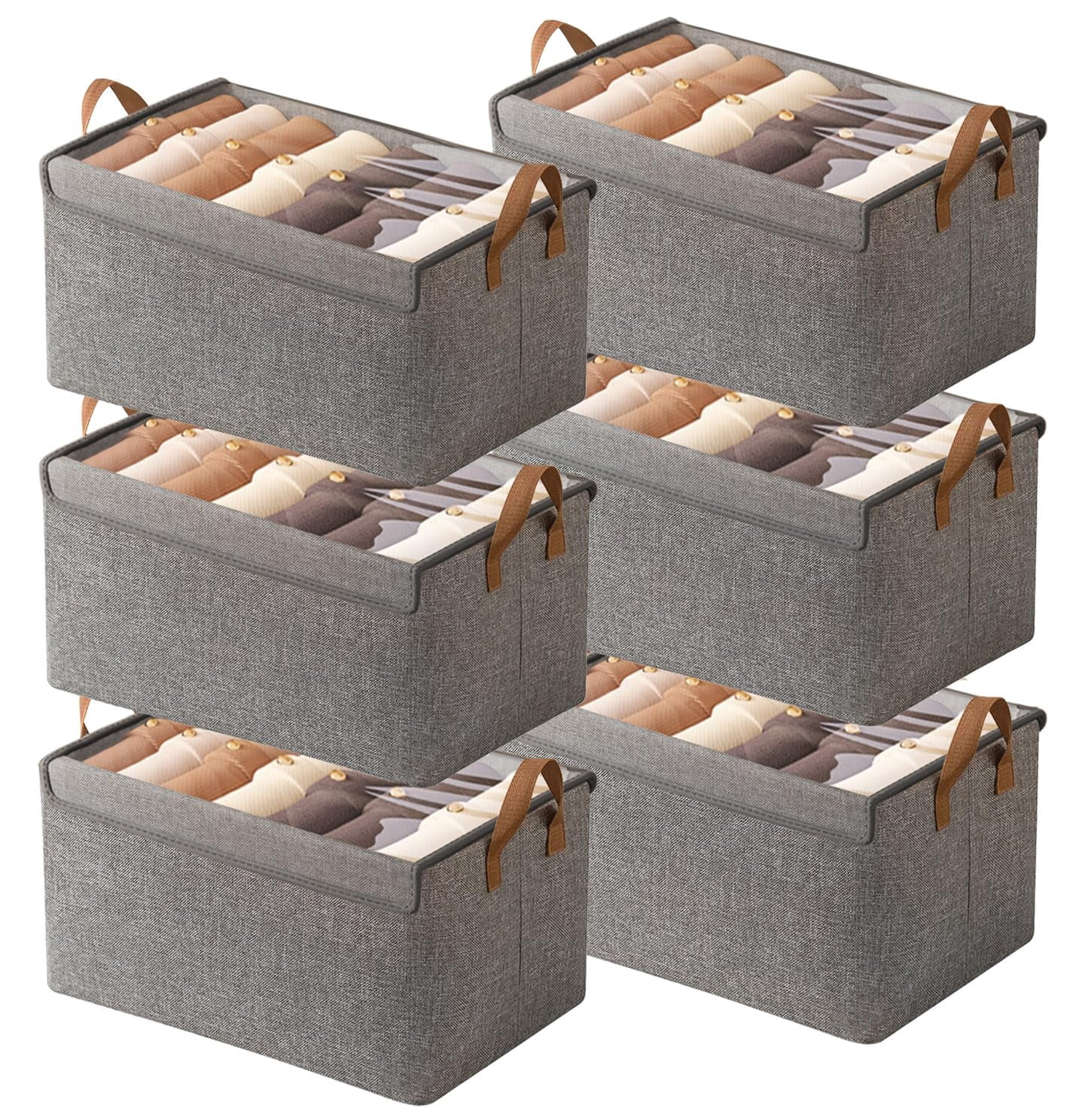 Closet Organizer Bins 6 Gray with Lid Fabric Stackable Foldable Storage ...