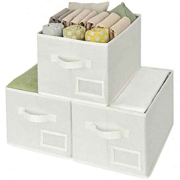 Closet Organizer Bins with Label Holder Fabric Storage Baskets Foldable Storage Bins for Living Room Decorative Storage Containers Organizing Pearl White Large 3-Pack