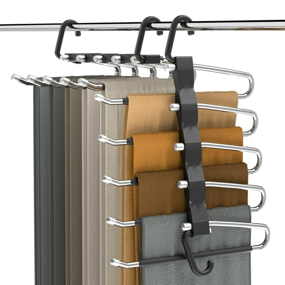 Closet Organizer Pants Hangers 2 Pack, Heavy Duty Stainless Steel Jeans Hanger for Space Saving Storage, Anti-Slip Design for Pants Leggings Scarves, Black