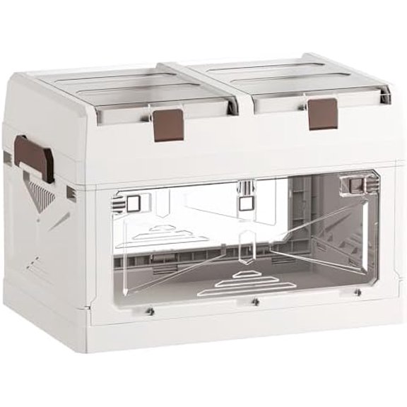 Closet Organizer and Storage Box, Large Essential Collapsible Plastic Car Trunk Container with Clear Lids and Doors, Open Front Multifunctional Stackable Bin for Bedroom, Dorm Room, Craft 36 L