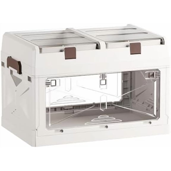 Closet Organizer and Storage Box, Large Essential Collapsible Plastic Car Trunk Container with Clear Lids and Doors, Open Front Multifunctional Stackable Bin for Bedroom, Dorm Room, Craft 50 L