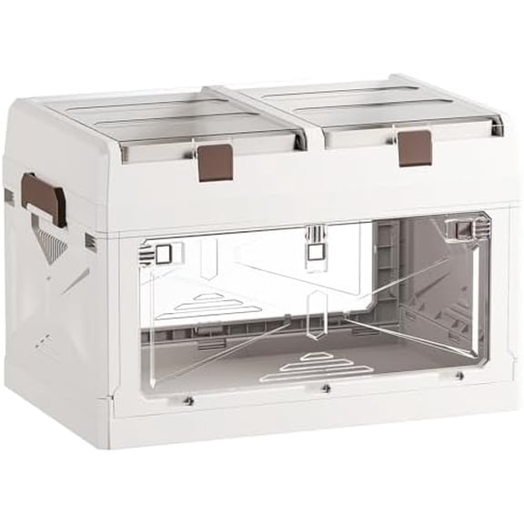 Closet Organizer and Storage Box, Large Essential Collapsible Plastic Car Trunk Container with Clear Lids and Doors, Open Front Multifunctional Stackable Bin for Bedroom, Dorm Room, Craft 50 L