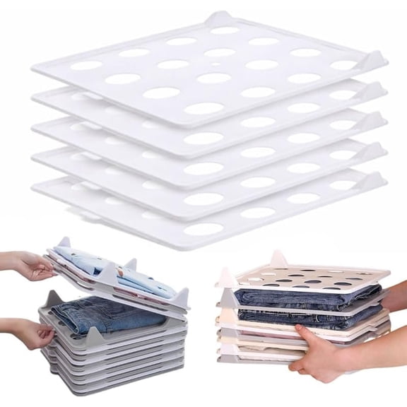 Closet Organizer Storage System, 5 Pack Foldable Clothing Racks for Shirts and Sweaters, Stackable Shelf Dividers for Wardrobe, Drawer, and Dorm Room - Space Saving, Durable Plastic, White