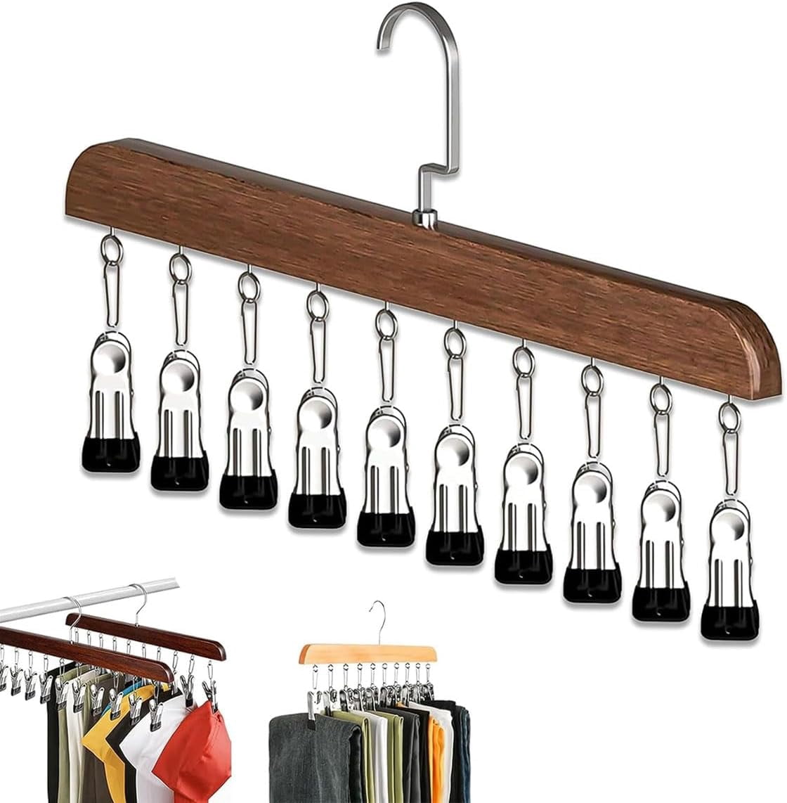 Closet Organizer with 10 Clips - 360° Rotating Wooden Pants Hanger, Space-Saving Rack for Leggings, Jeans and Hats