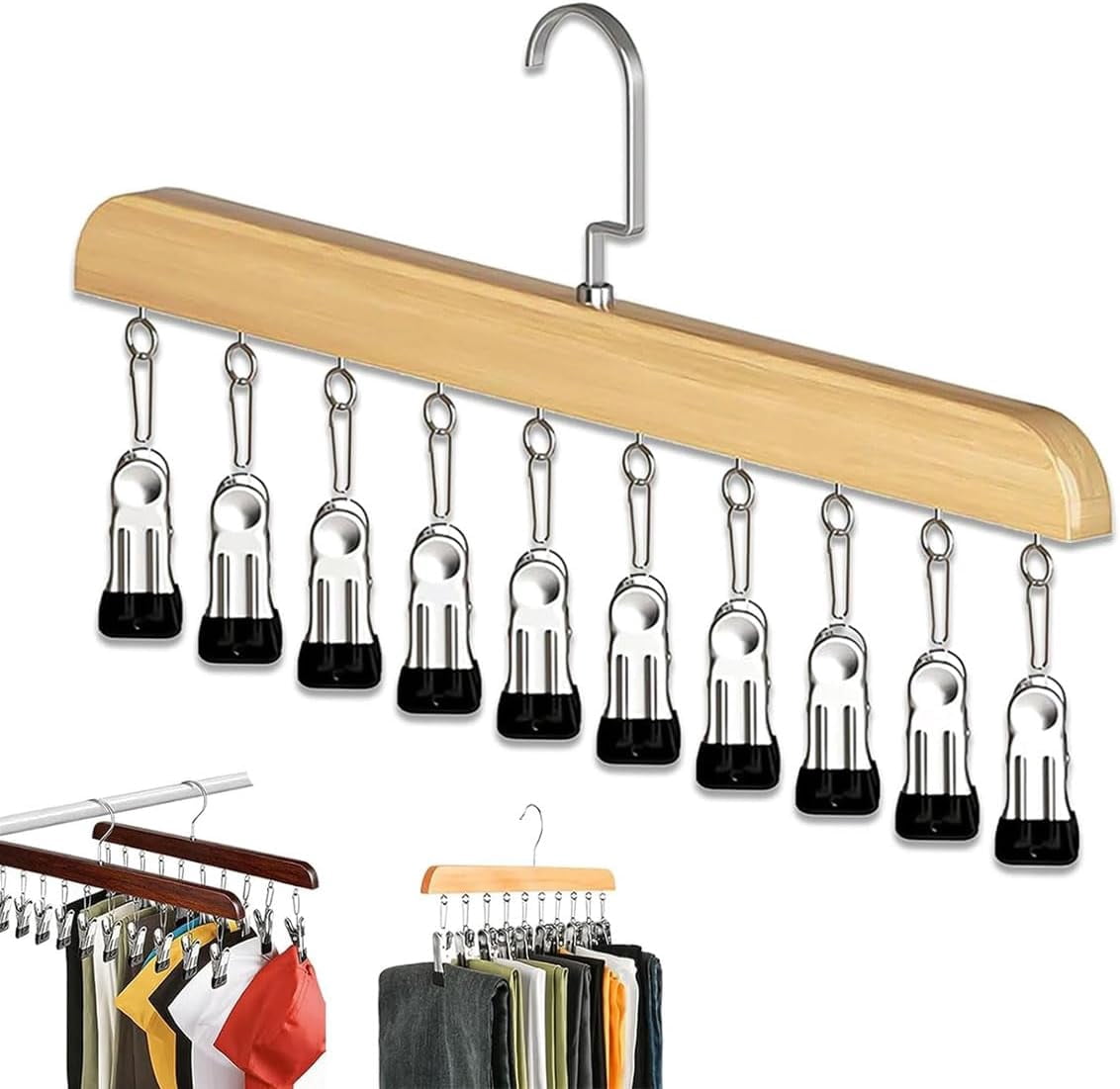 Closet Organizer with 10 Clips - 360° Rotating Wooden Pants Hanger, Space-Saving Rack for Leggings, Jeans and Hats